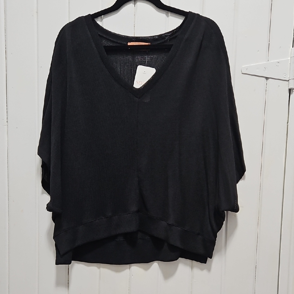 Soho Black V-Neck Women's Light Weight Sweater Like Raglin Sleeve